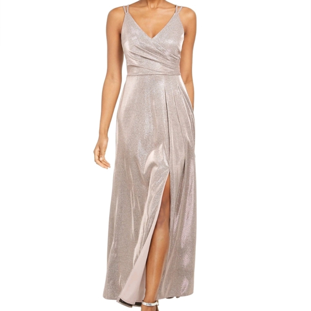 Morgan & Co. Silver Gold Champagne Sparkling Glitter Evening Gown